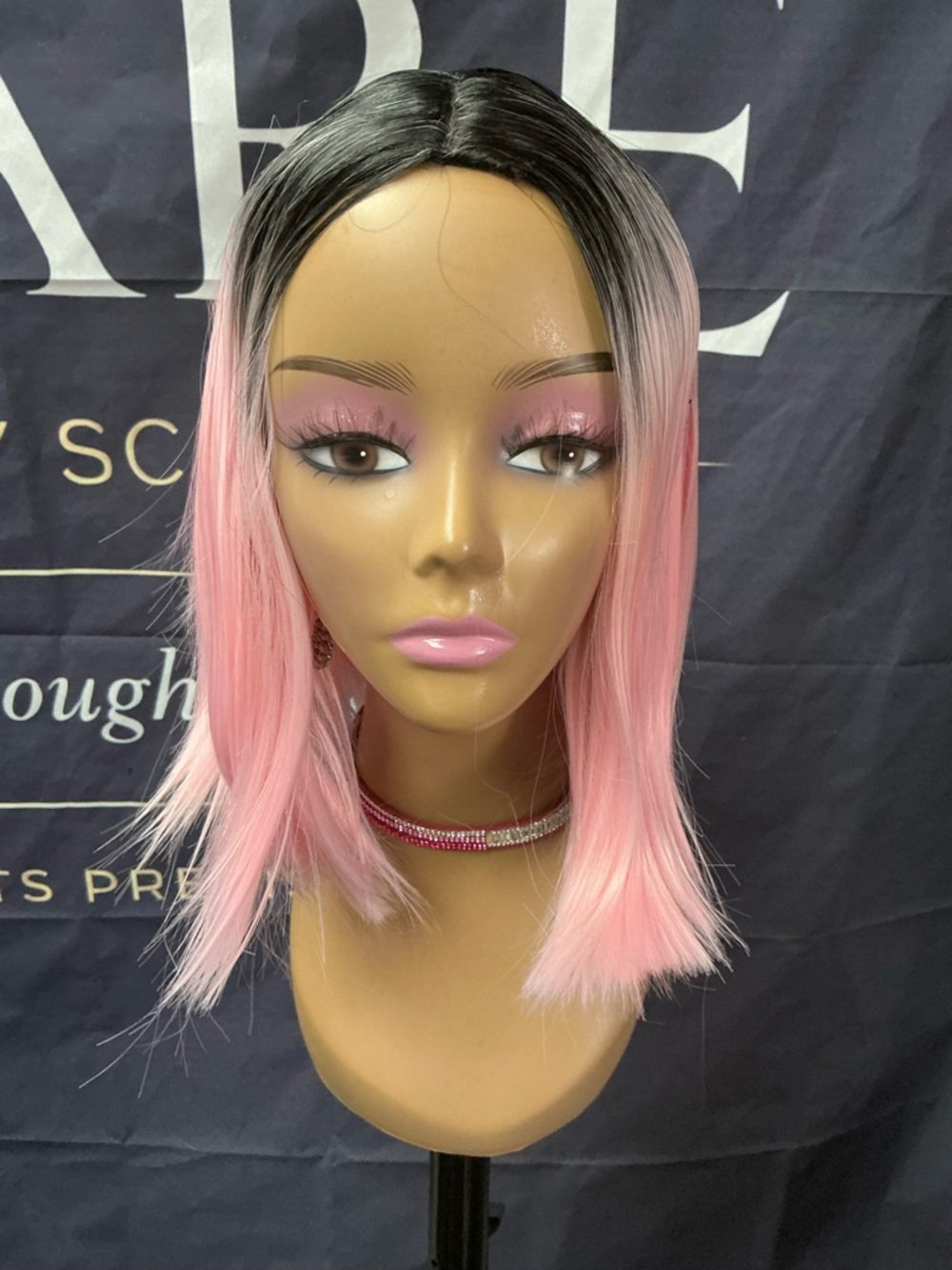 Synthetic Ombre Pink Bob Wig with Natural Black Roots